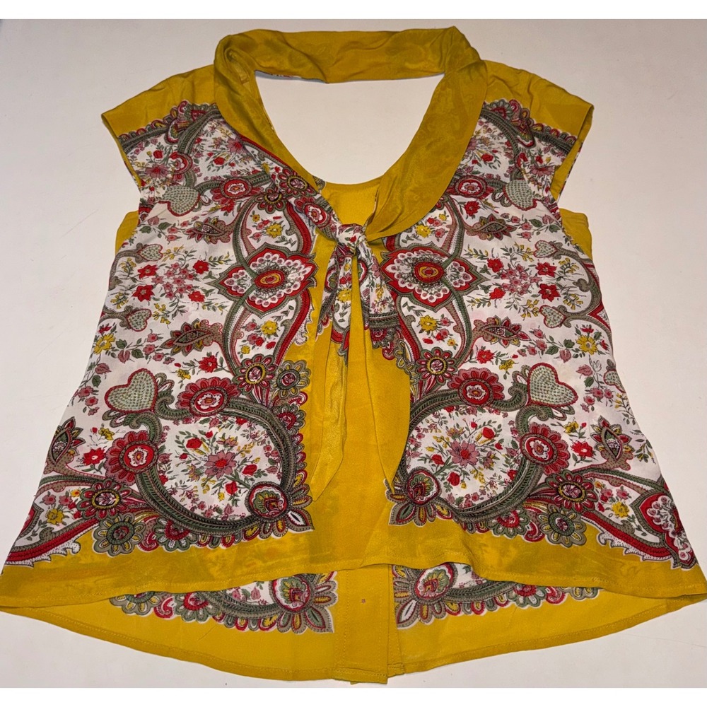 Maeve Anthropologie Yellow Paisley 100% Silk Tie Neck Button Back Blouse Size 10